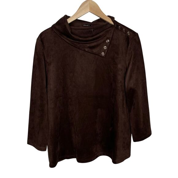 J. McLaughlin Womens Clio Top Large Brown Mocha Suede Button Mock Neck Classic - Picture 2 of 12